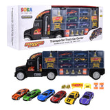 SOKA Transporter Truck Car Carrier Set with 6 Die-Cast Cars, Cones, Barrels & Signs – Toy Highway Playset