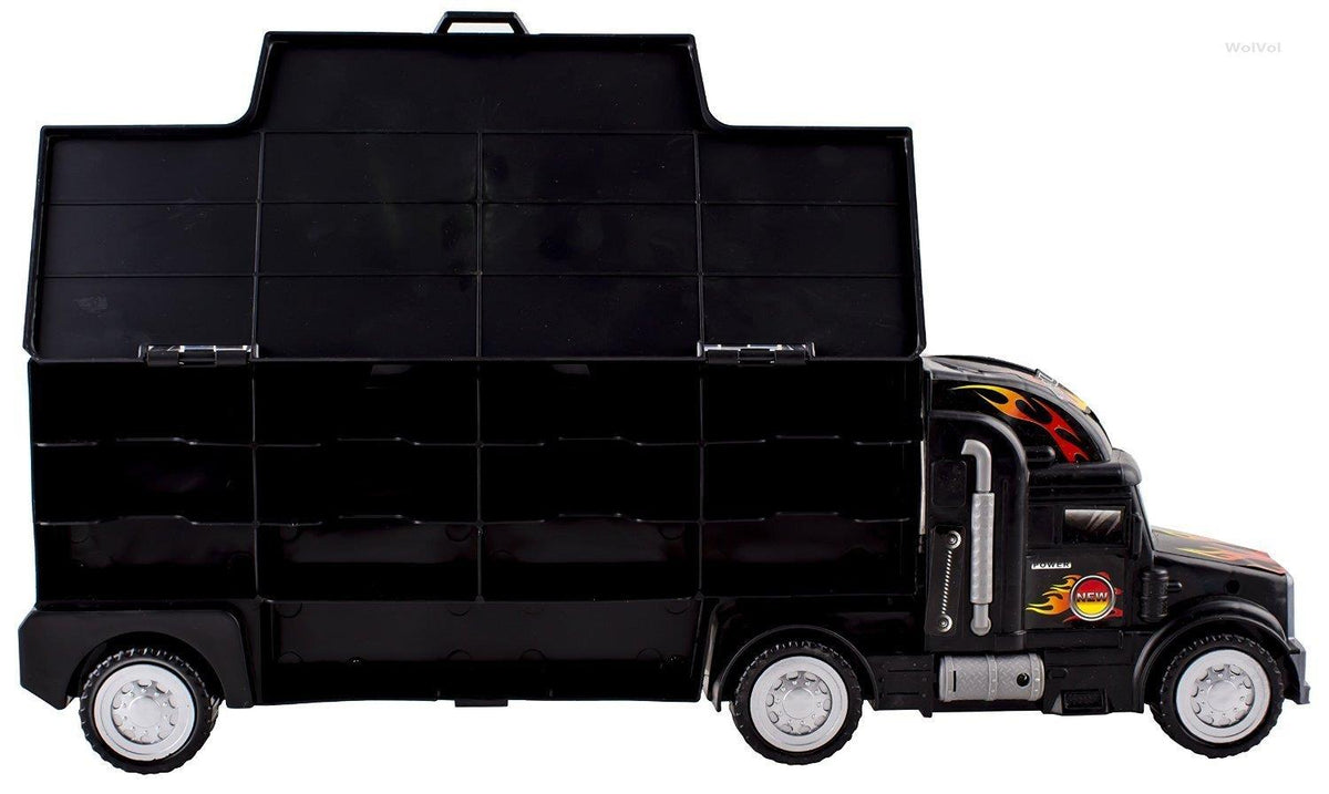 SOKA Transporter Truck Car Carrier Set with 6 Die-Cast Cars, Cones, Barrels & Signs – Toy Highway Playset