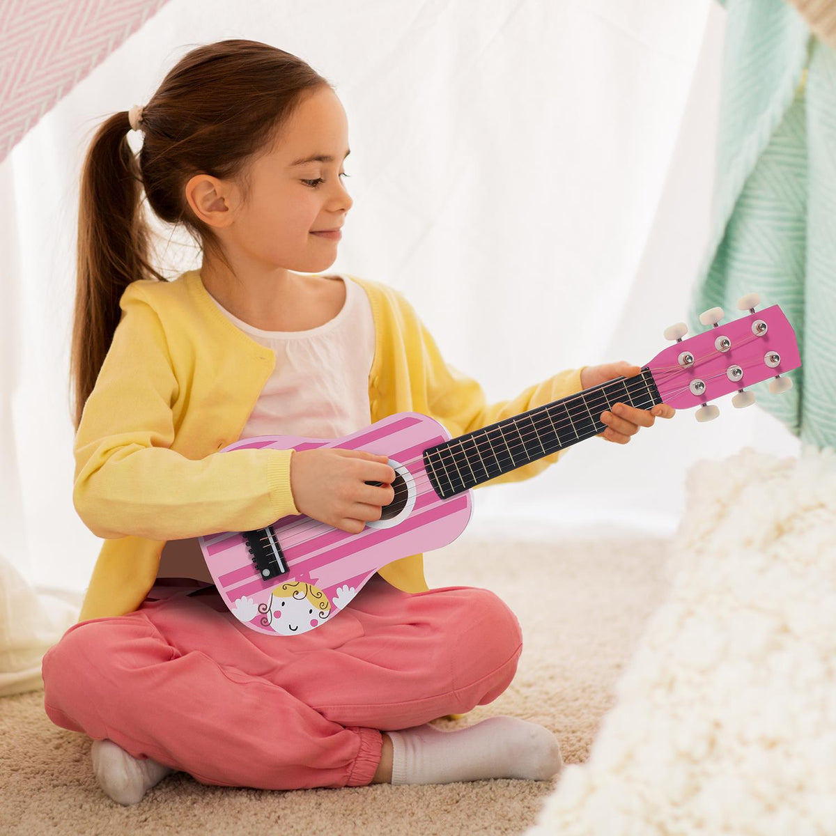 SOKA Wooden Pink Striped Toy Guitar with 6 Strings – Pretend Play Music Instrument for Toddlers, Ages 3+