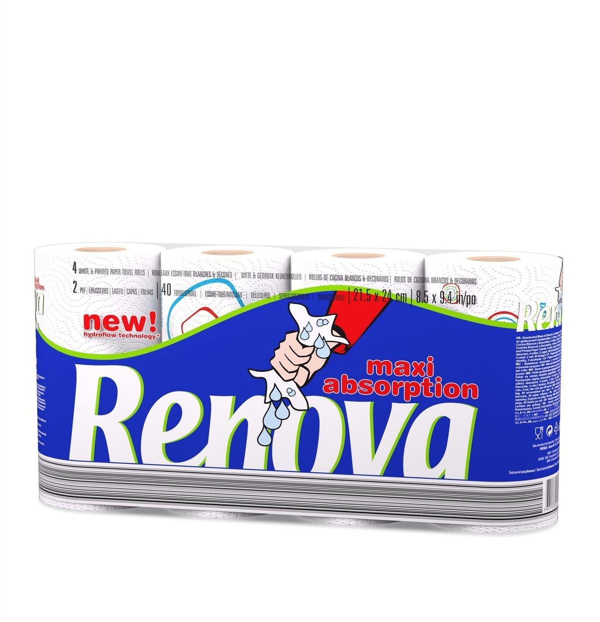 Renova Duplex Maxi Absorption 2-Ply Kitchen Towel with Hydro Flow Technology, 40 Sheets per Roll, Pack of 4