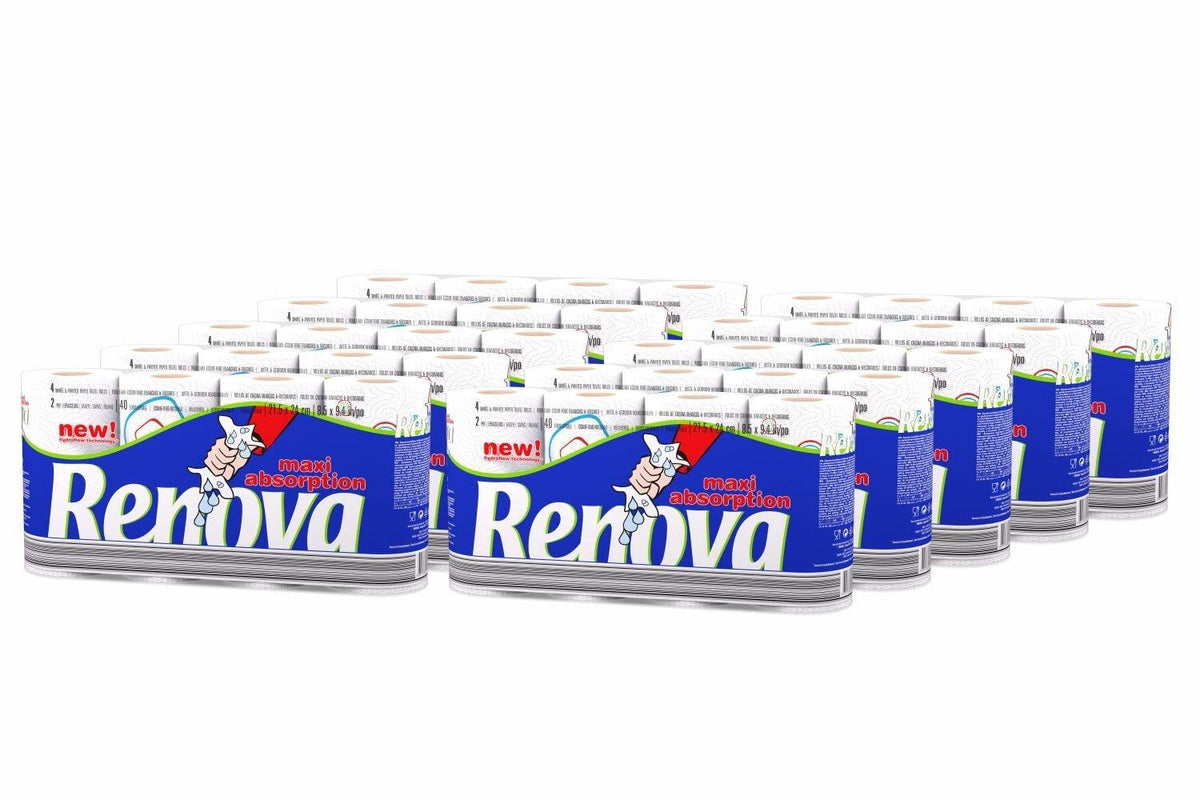 Renova Duplex Maxi Absorption 2-Ply Kitchen Towel with Hydro Flow Technology, 40 Sheets per Roll, Pack of 4