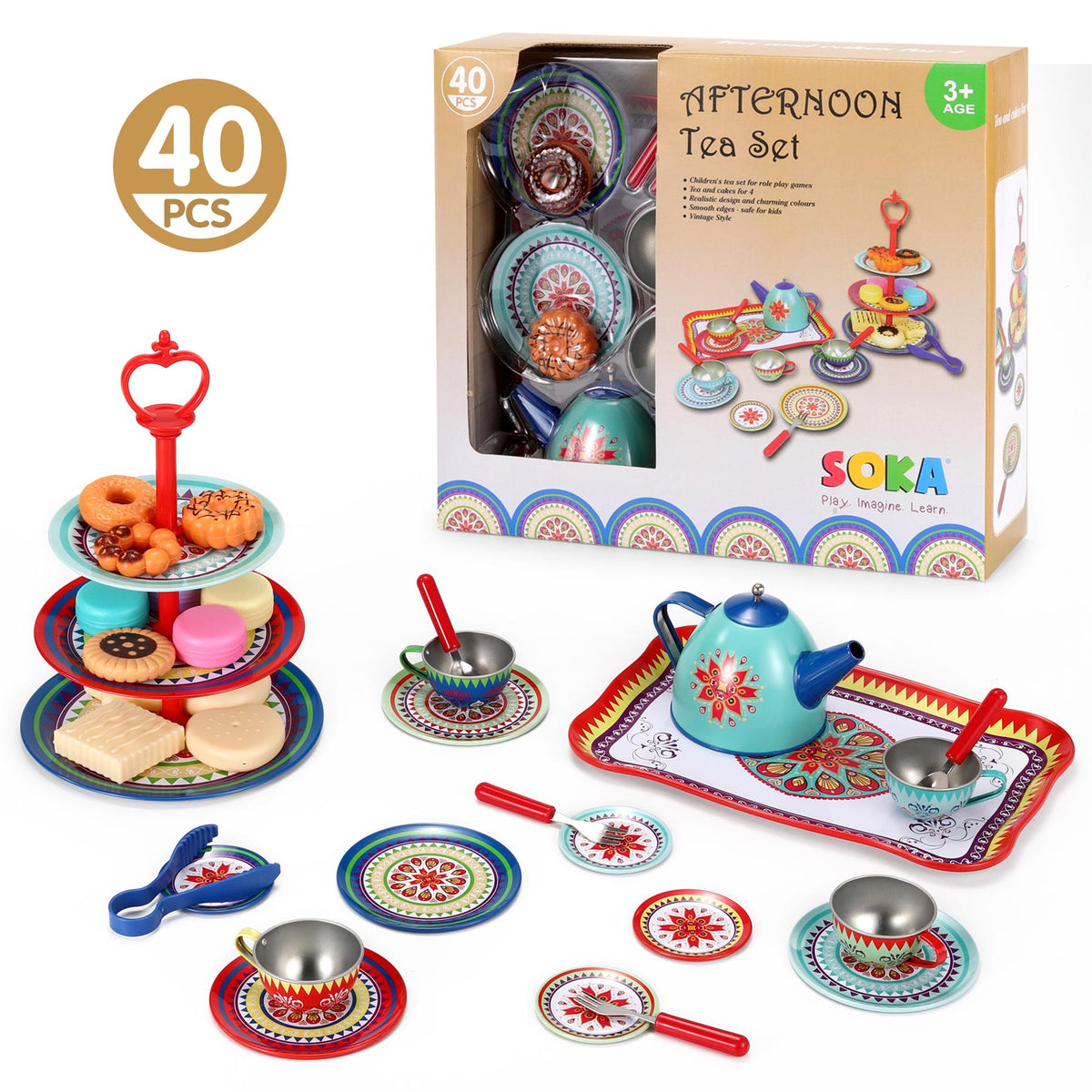 SOKA Vintage Style Afternoon Tea Party Set – Kids Role Play Tea Set for Pretend Play