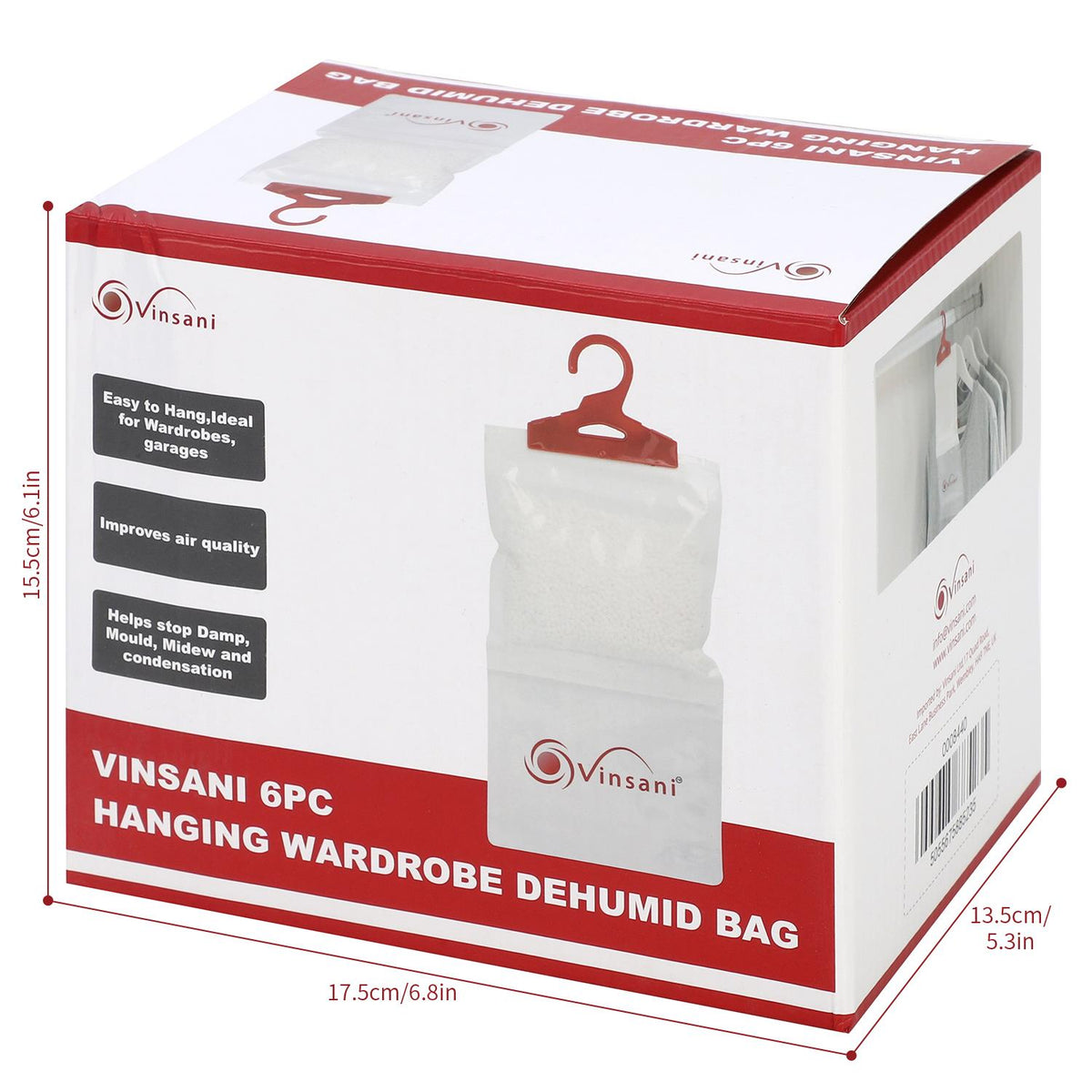 Vinsani 6 Pack Hanging Wardrobe Dehumidifier Bags – Moisture, Mould and Odour Absorbers