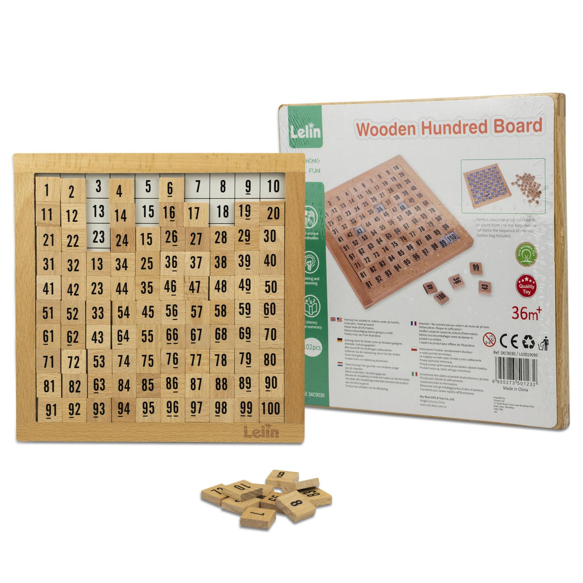 LELIN Wooden Hundred Board with 1-100 Number Squares and Storage Bag – Early Maths Counting Toy, 3+