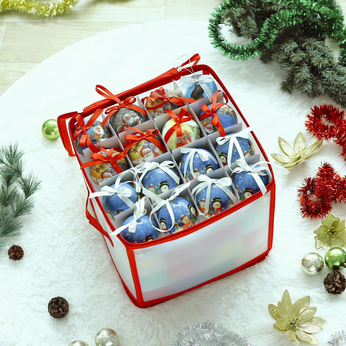 VINSANI Christmas Bauble Storage Box – Holds 64 Decorations with Protective Compartments, Stackable