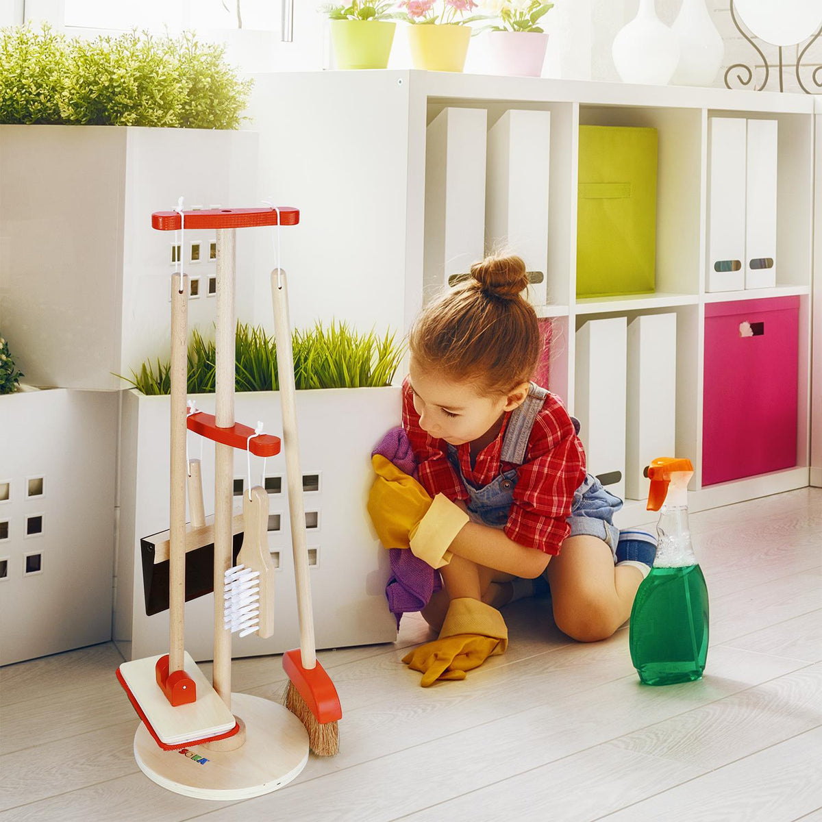 Lelin Kids Wooden Cleaning Play Set with Broom, Mop, Dustpan, Brush and Stand – Pretend Play Toy, 11 Pieces