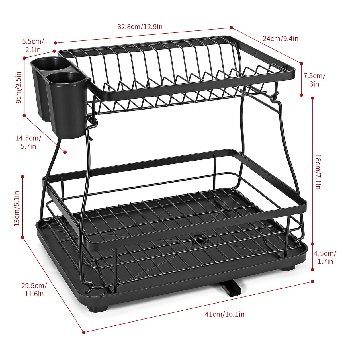 VINSANI 2-Tier Detachable Dish Drying Rack with Cutlery Holder – Space-Saving Kitchen Organiser, Black