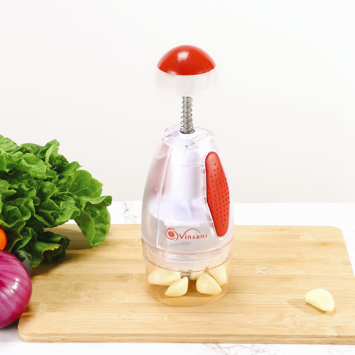 VINSANI Press Onion & Food Chopper – Quick Chopping for Onions, Garlic, Nuts & Herbs, Red/White