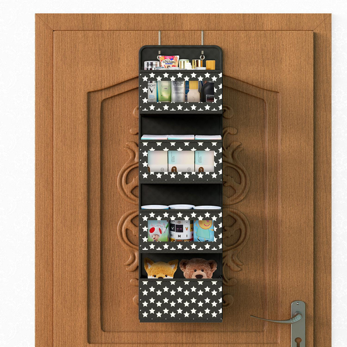 Vinsani 4 Tier Over Door Hanging Organiser with Clear Pockets and Metal Hooks – Space Saving Storage, Black