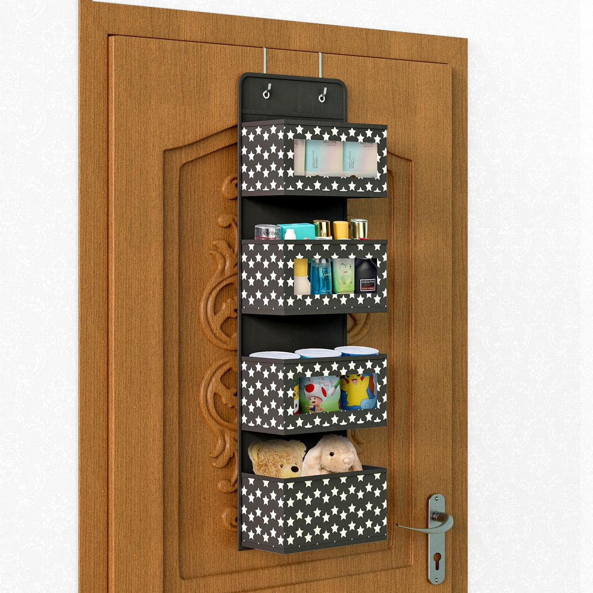 Vinsani 4 Tier Over Door Hanging Organiser with Clear Pockets and Metal Hooks – Space Saving Storage, Black