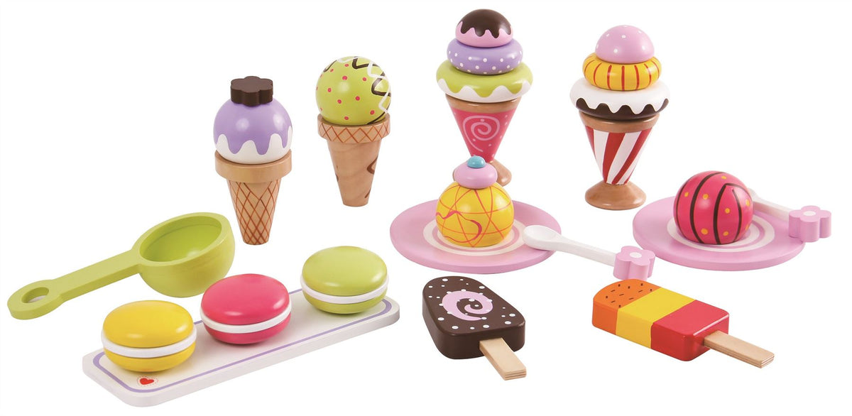 LELIN Ice Cream Play Set with 6 Flavours, 2 Lollies and 3 Macarons – Pretend Play Toy for Ages 3+