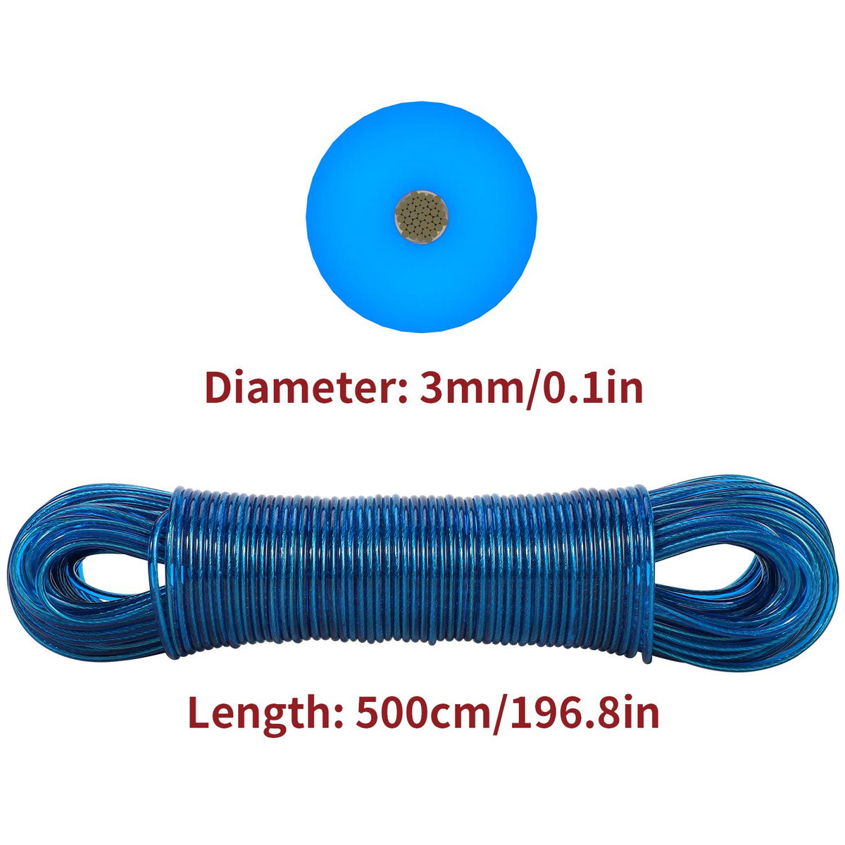 Vinsani Blue 50m Steel Core Washing Line Rope – Strong, Sag-Resistant PVC Coated Clothesline