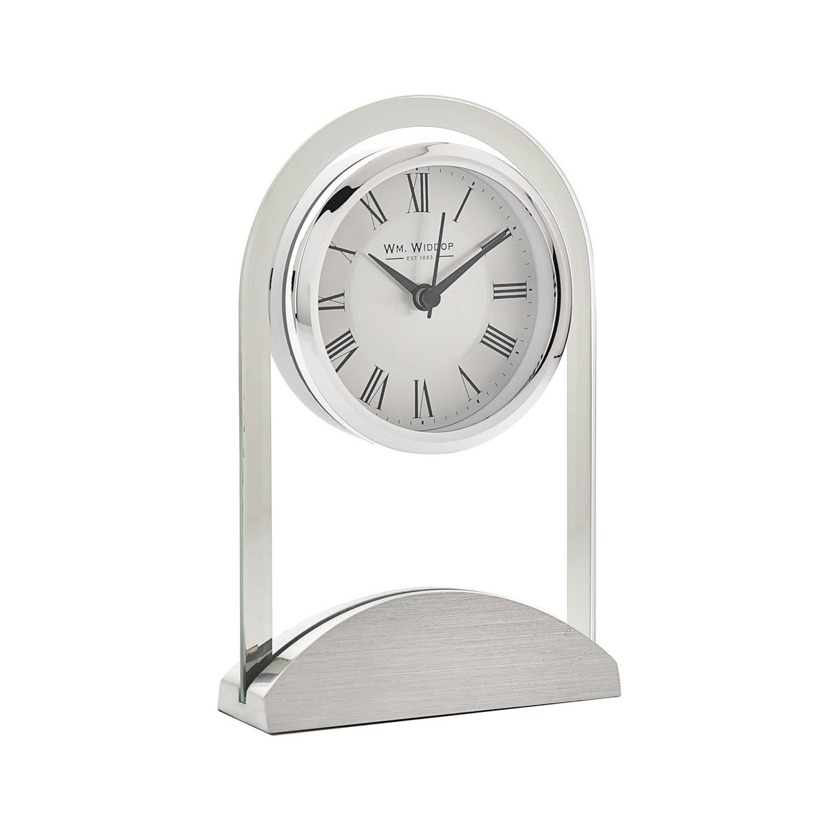Wm. Widdop Glass Panel Mantel Clock with Aluminium Base (W2911) – Modern Quartz Clock for Mantels & Desks