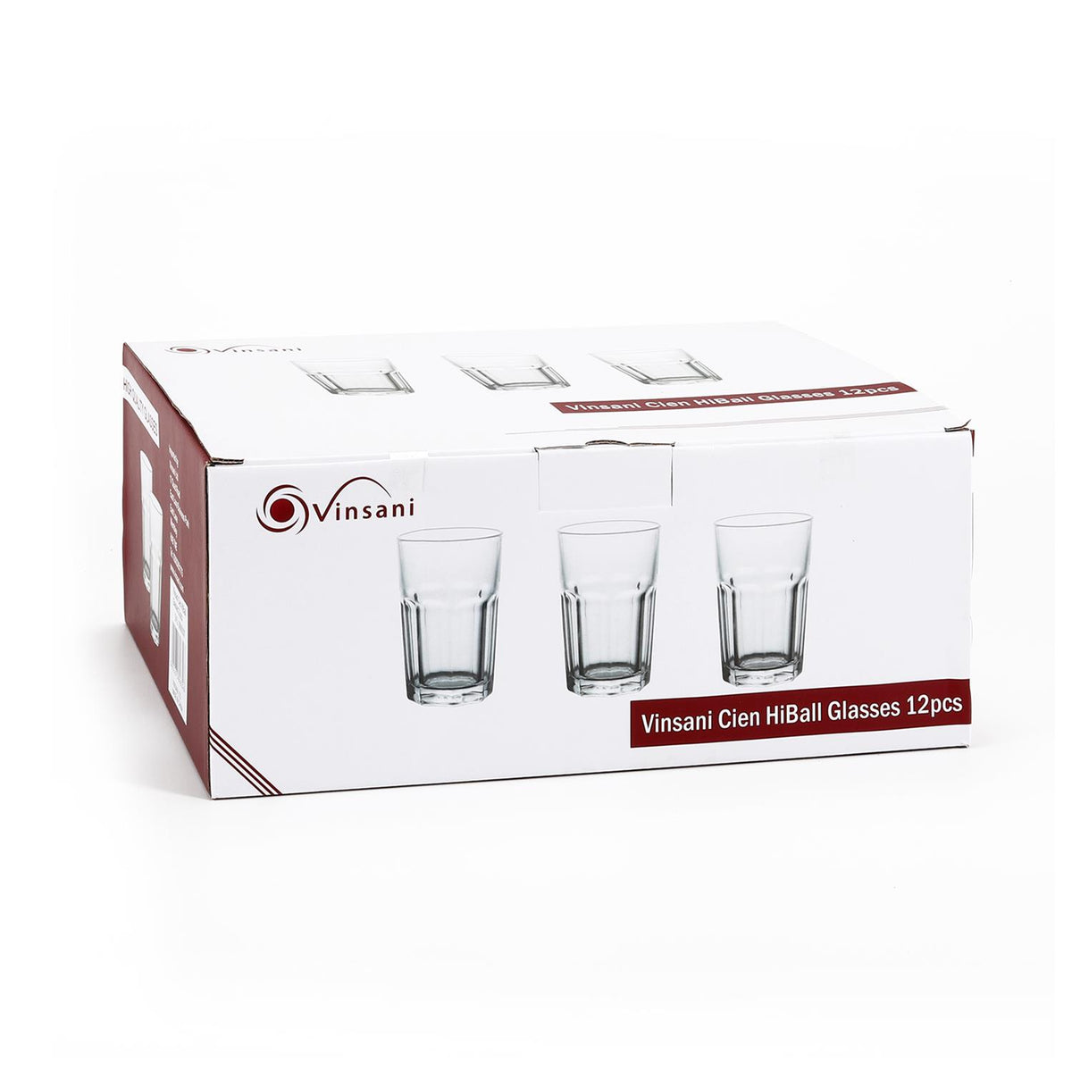 VINSANI Cien Hi-Ball Glasses, Set of 12 – Clear Tumblers for G&Ts, Cocktails & Water
