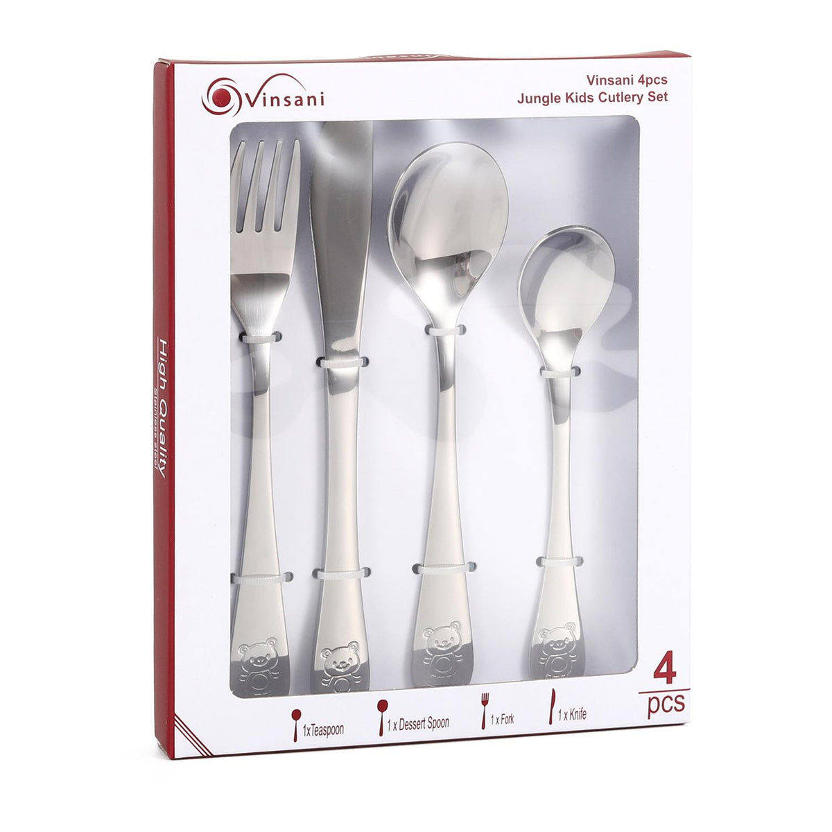 Vinsani 4-Piece Jungle Kids Cutlery Set with Embossed Animal Details – Stainless Steel Children's Cutlery