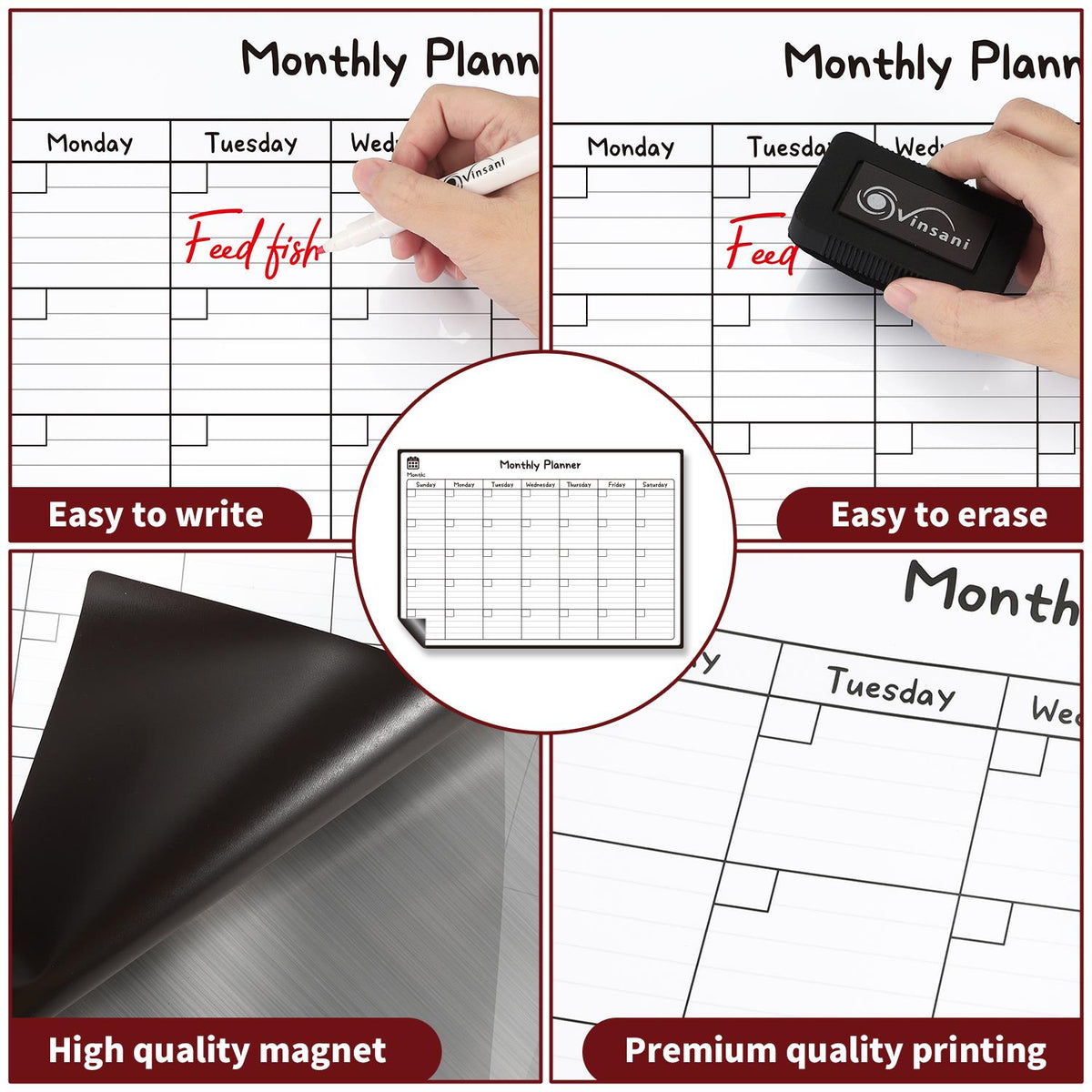 Vinsani Magnetic Monthly Planner Whiteboard with 4 Markers and Eraser – Home and Office Organiser