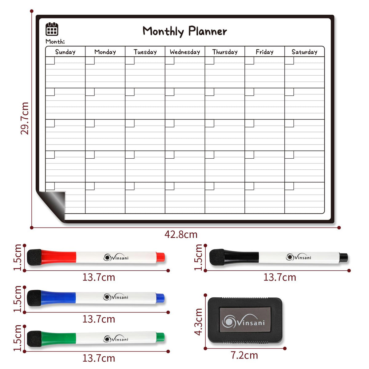 Vinsani Magnetic Monthly Planner Whiteboard with 4 Markers and Eraser – Home and Office Organiser