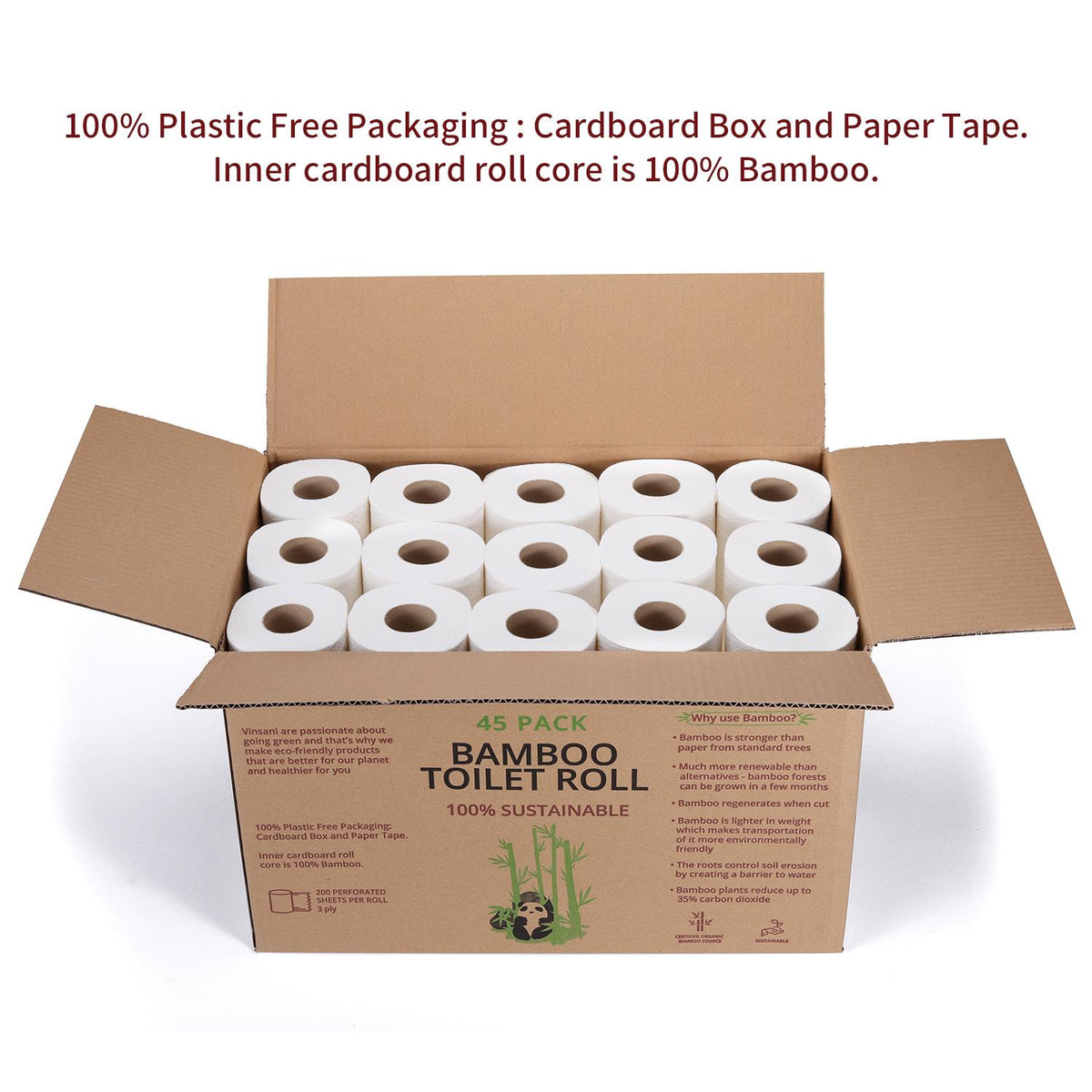 Vinsani Bamboo Toilet Rolls, 45 Pack – 3-Ply Soft, Strong and Sustainable Toilet Tissue