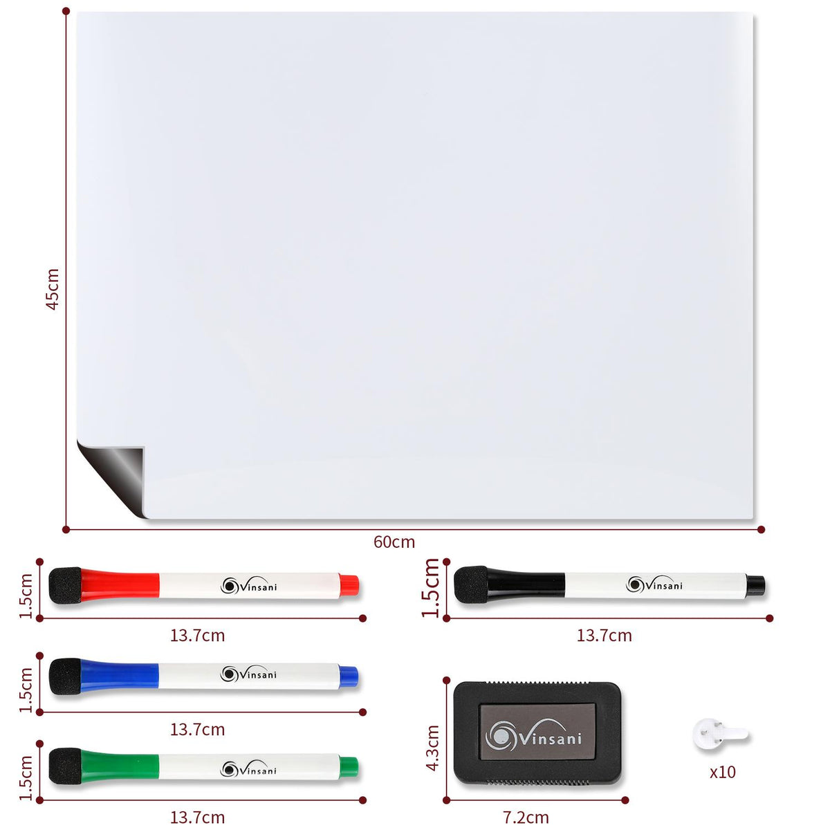 Vinsani 45 x 60cm Magnetic Whiteboard with 4 Markers and Eraser – Gloss Planner & Organiser for Home or Office