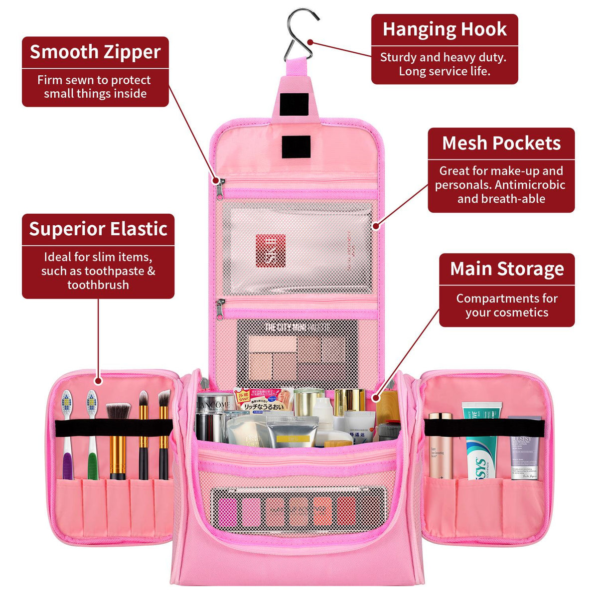 Vinsani Hanging Toiletry Bag with Double Zips, Mesh Pockets & Elastic Loops – Compact Travel Wash Bag, Pink