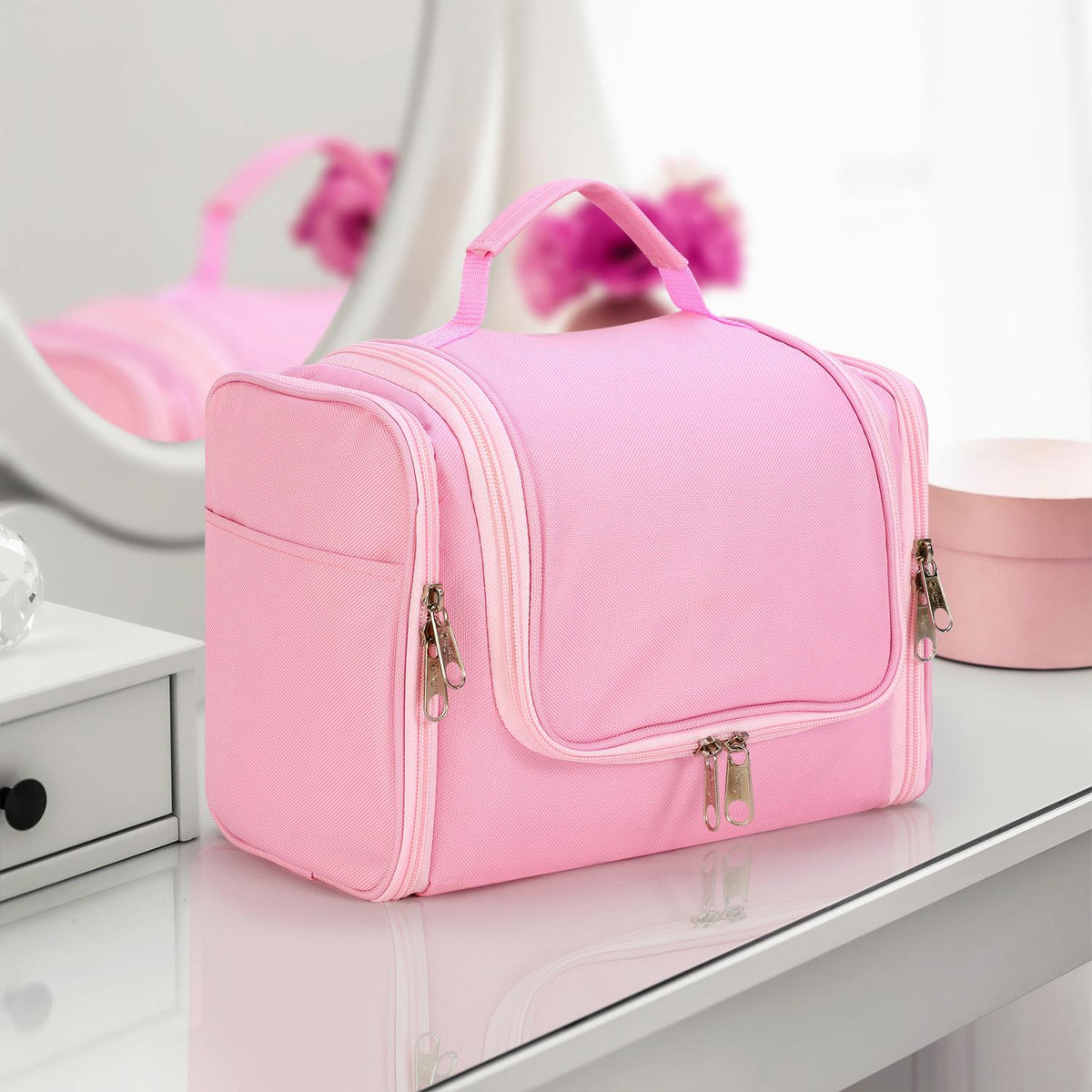 Vinsani Hanging Toiletry Bag with Double Zips, Mesh Pockets & Elastic Loops – Compact Travel Wash Bag, Pink