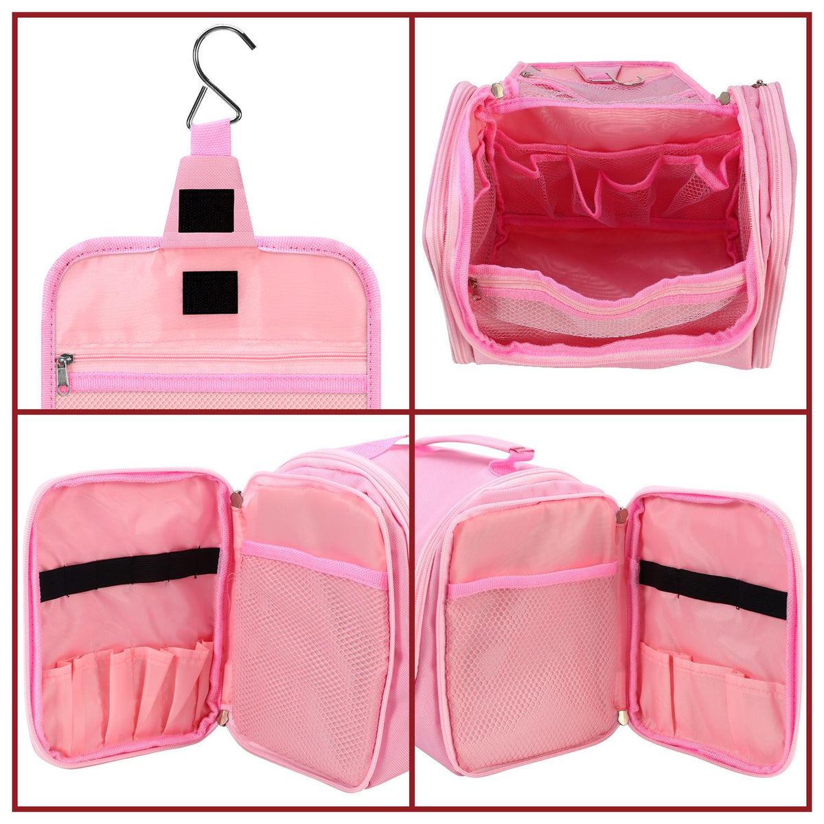 Vinsani Hanging Toiletry Bag with Double Zips, Mesh Pockets & Elastic Loops – Compact Travel Wash Bag, Pink