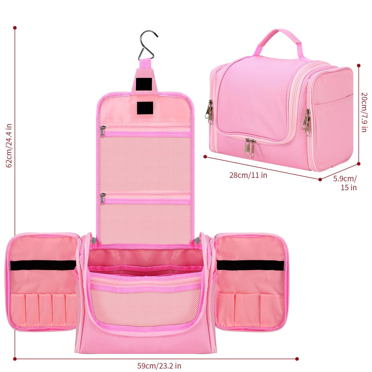 Vinsani Hanging Toiletry Bag with Double Zips, Mesh Pockets & Elastic Loops – Compact Travel Wash Bag, Pink