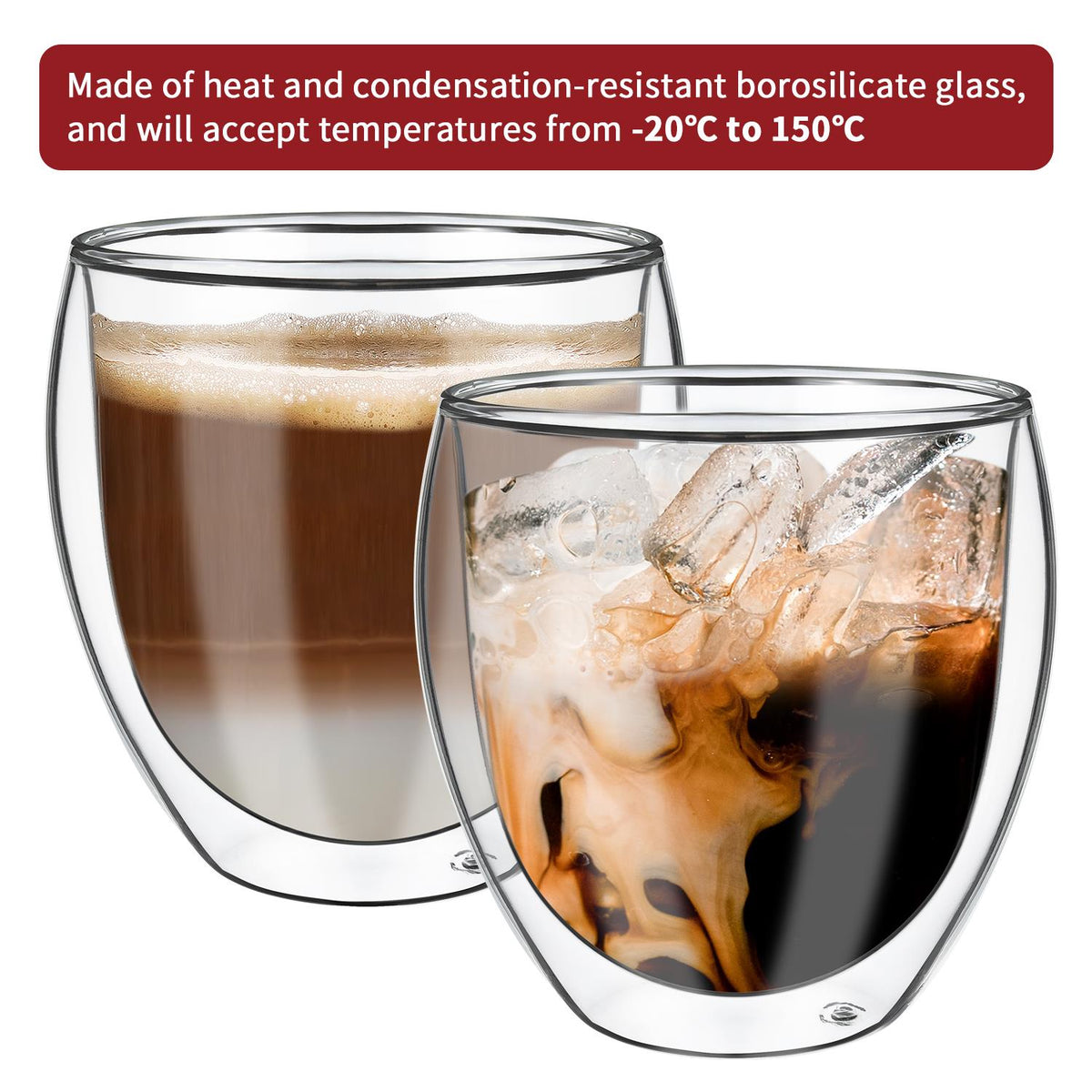 Vinsani Double Wall Glasses Set of 2 – Borosilicate Cups for Hot and Cold Drinks, Arc Design, 380ml