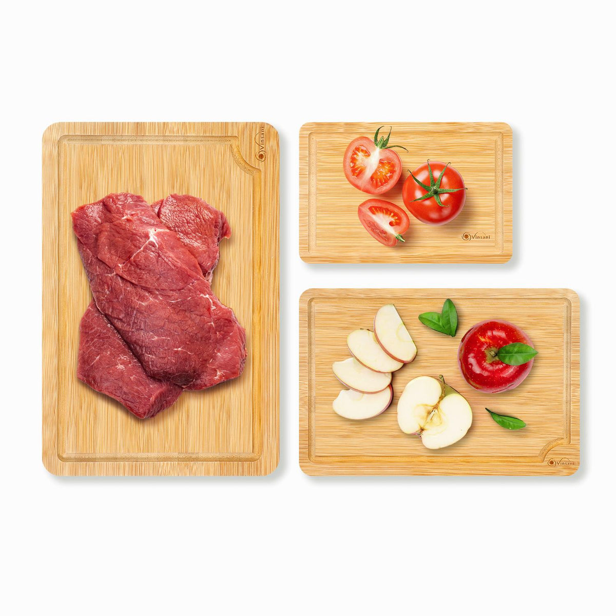 Vinsani Bamboo Chopping Board Set of 3 with Drip Grooves & Side Handle – Reversible Serving & Cheese Boards
