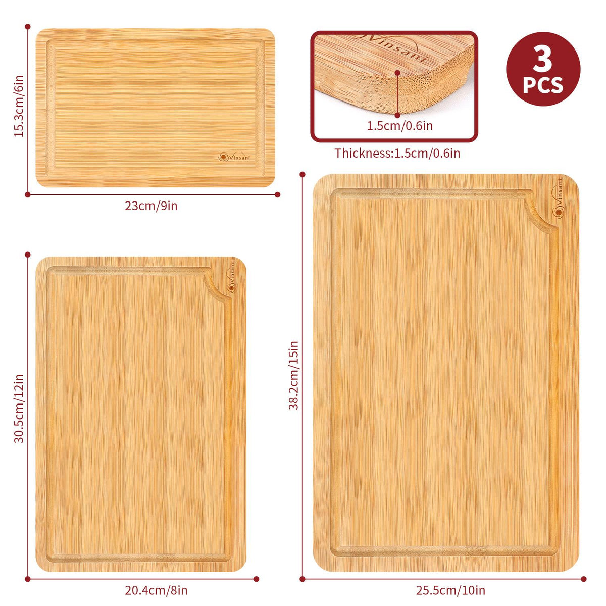 Vinsani Bamboo Chopping Board Set of 3 with Drip Grooves & Side Handle – Reversible Serving & Cheese Boards
