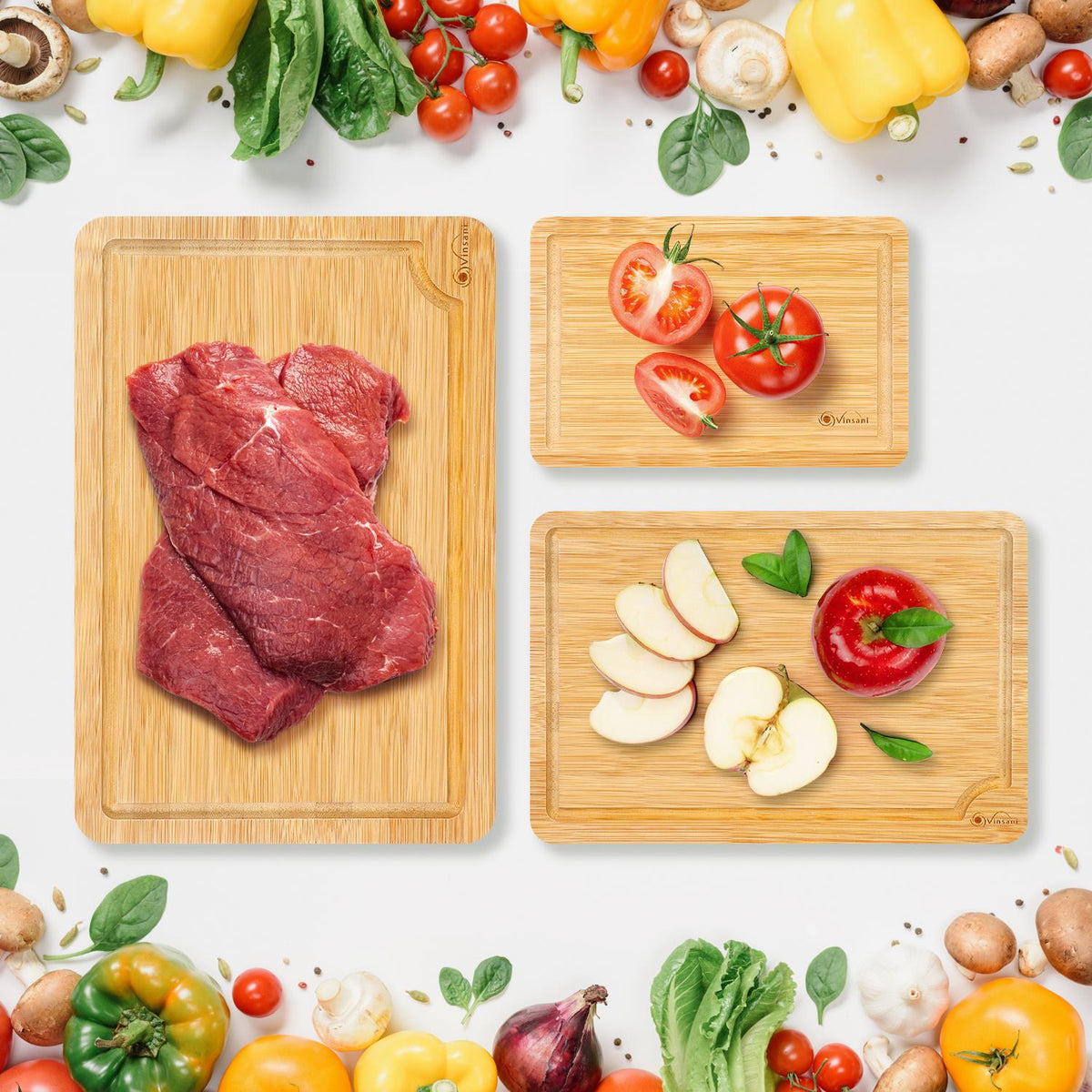 Vinsani Bamboo Chopping Board Set of 3 with Drip Grooves & Side Handle – Reversible Serving & Cheese Boards