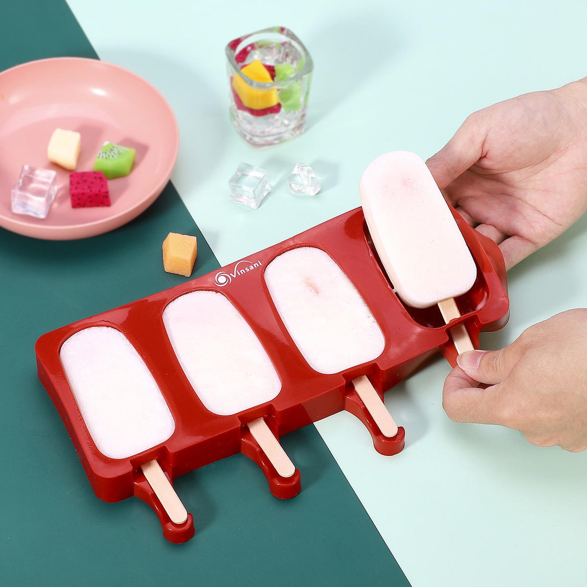 VINSANI 4-Cavity Ice Lolly Maker with Reusable Sticks – Homemade Frozen Treats for Juice, Yoghurt & Smoothies