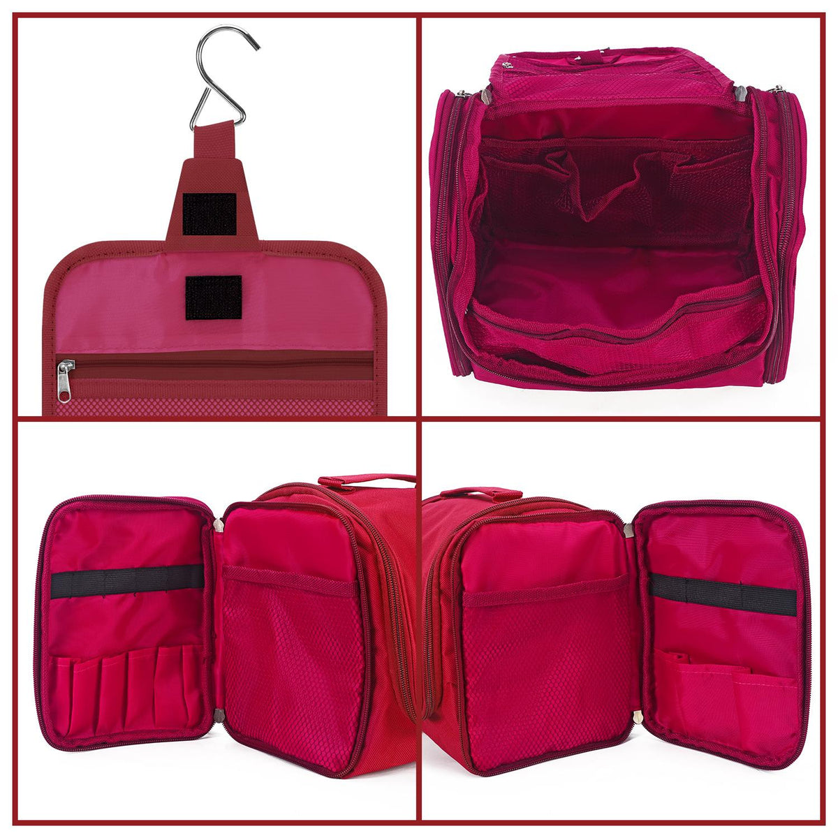 Vinsani Hanging Toiletry Bag with Multiple Compartments, Hook and Zips – Waterproof Travel Wash Bag, Pink