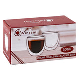 Vinsani Cava Double Wall Glasses, Set of 2, 100ml Borosilicate – Hot and Cold Drinks Cups