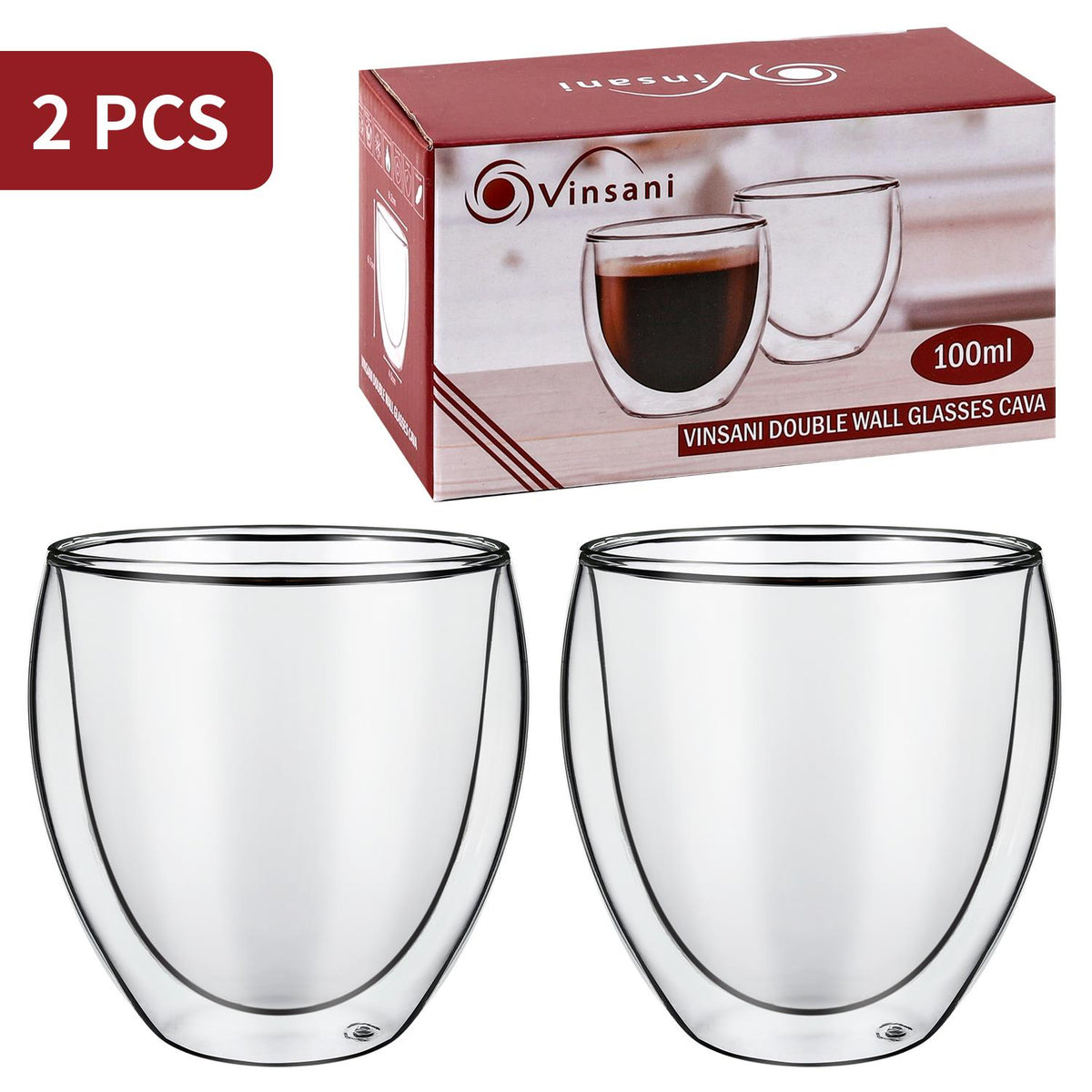Vinsani Cava Double Wall Glasses, Set of 2, 100ml Borosilicate – Hot and Cold Drinks Cups
