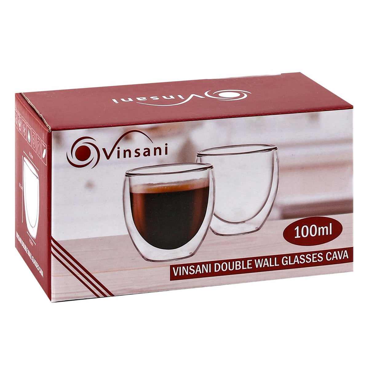 Vinsani Cava Double Wall Glasses, Set of 2, 100ml Borosilicate – Hot and Cold Drinks Cups