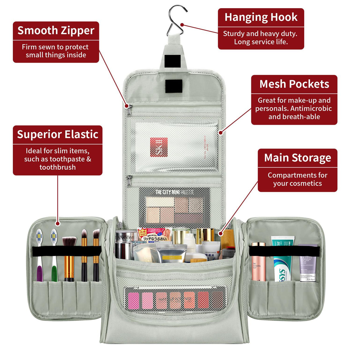 Vinsani Hanging Toiletry Bag with Compartments, Mesh Pockets and Two Zippers – Travel Makeup Organiser, Dark Grey