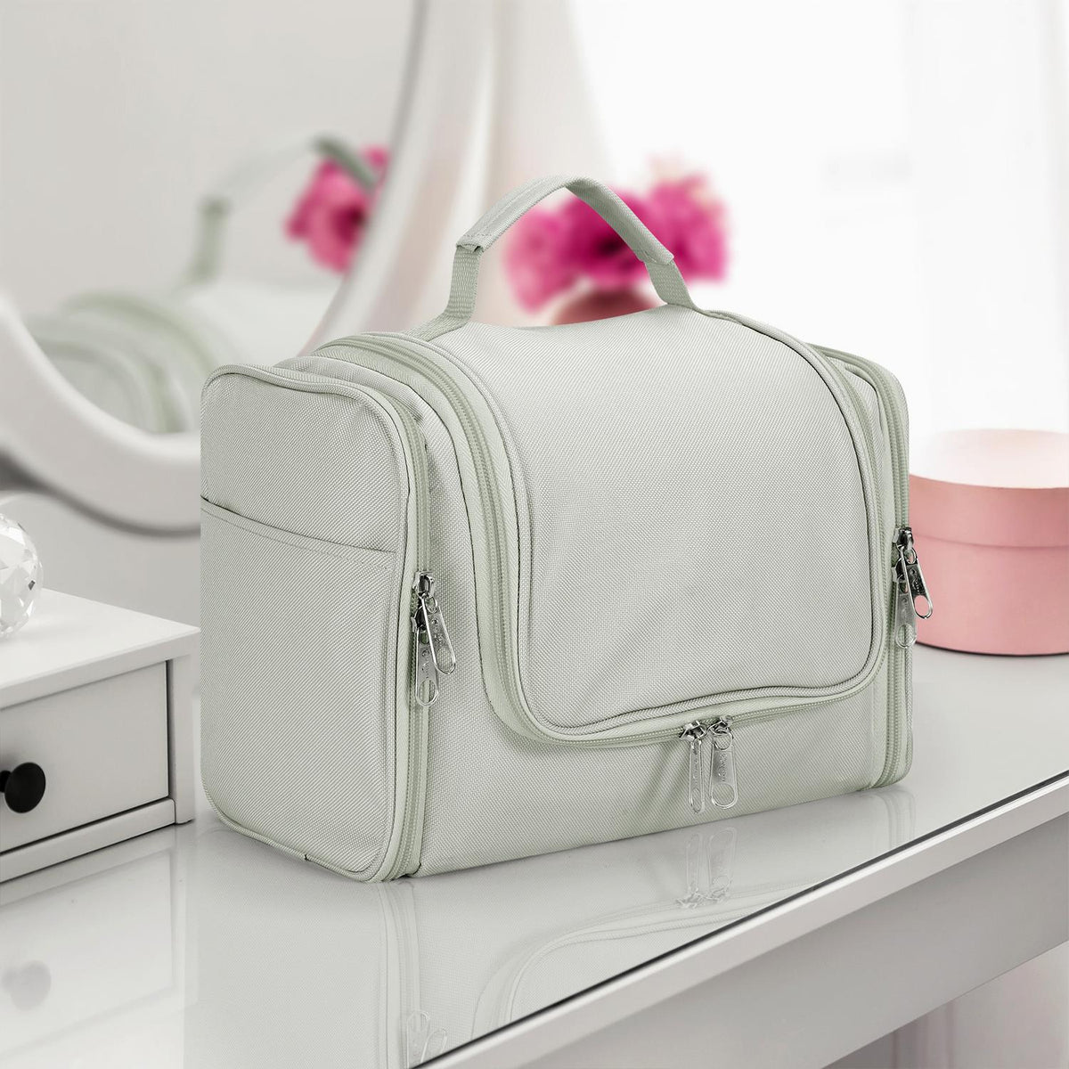 Vinsani Hanging Toiletry Bag with Compartments, Mesh Pockets and Two Zippers – Travel Makeup Organiser, Dark Grey