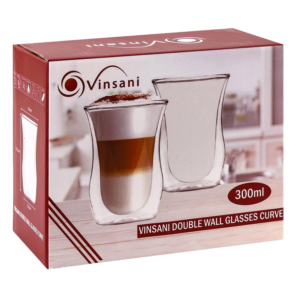 Vinsani Double Wall Glasses Set of 2, Curve 300ml – Borosilicate Glass Cups for Hot and Cold Drinks