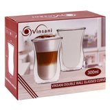 Vinsani Double Wall Glasses Set of 2, Curve 300ml – Borosilicate Glass Cups for Hot and Cold Drinks