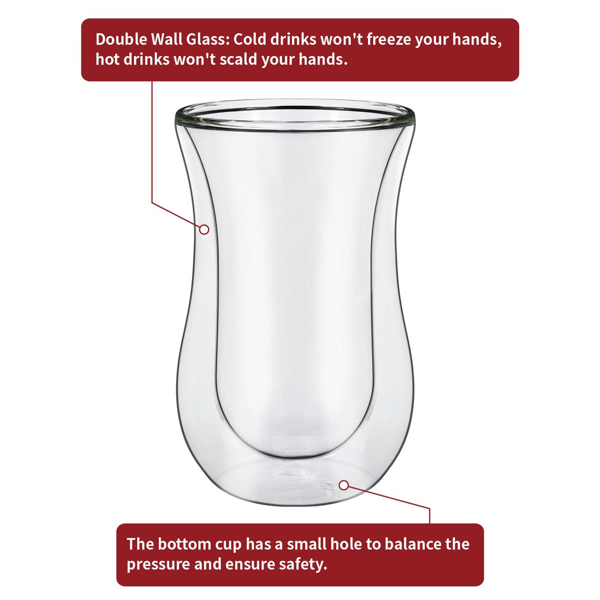 Vinsani Double Wall Glasses Set of 2, Curve 300ml – Borosilicate Glass Cups for Hot and Cold Drinks