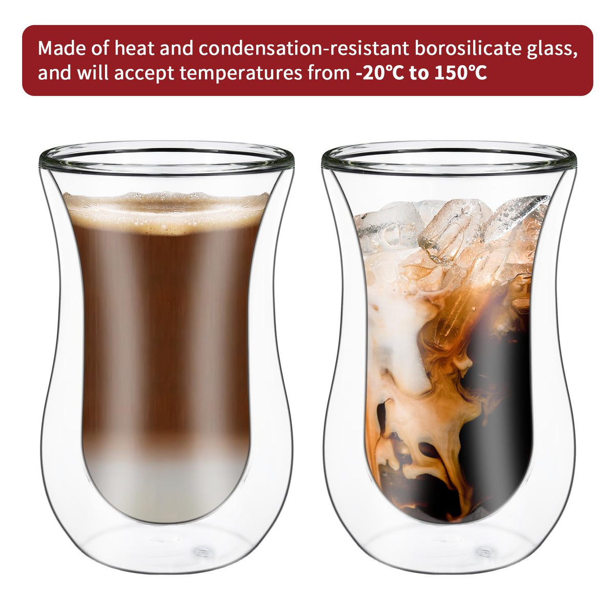 Vinsani Double Wall Glasses Set of 2, Curve 300ml – Borosilicate Glass Cups for Hot and Cold Drinks