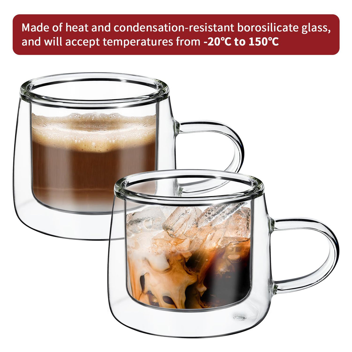 Vinsani Kafo Double Wall Glasses, Set of 2, 80ml Borosilicate – Hot and Cold Drinks Cups