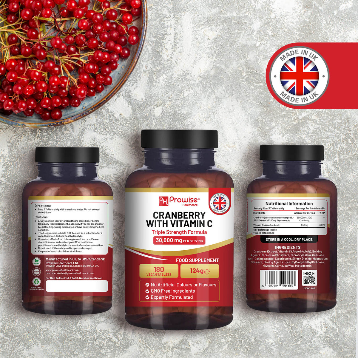 Prowise Triple Strength Cranberry 30,000mg with Vitamin C 240mg – 180 Vegan Tablets for Men & Women