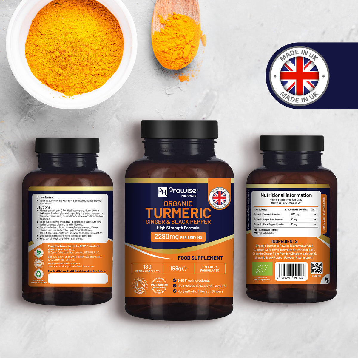 Prowise Organic Turmeric 2280mg High Strength with Black Pepper & Ginger – 180 Vegan Capsules