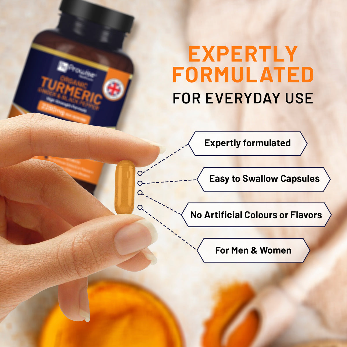 Prowise Organic Turmeric 2280mg High Strength with Black Pepper & Ginger – 180 Vegan Capsules