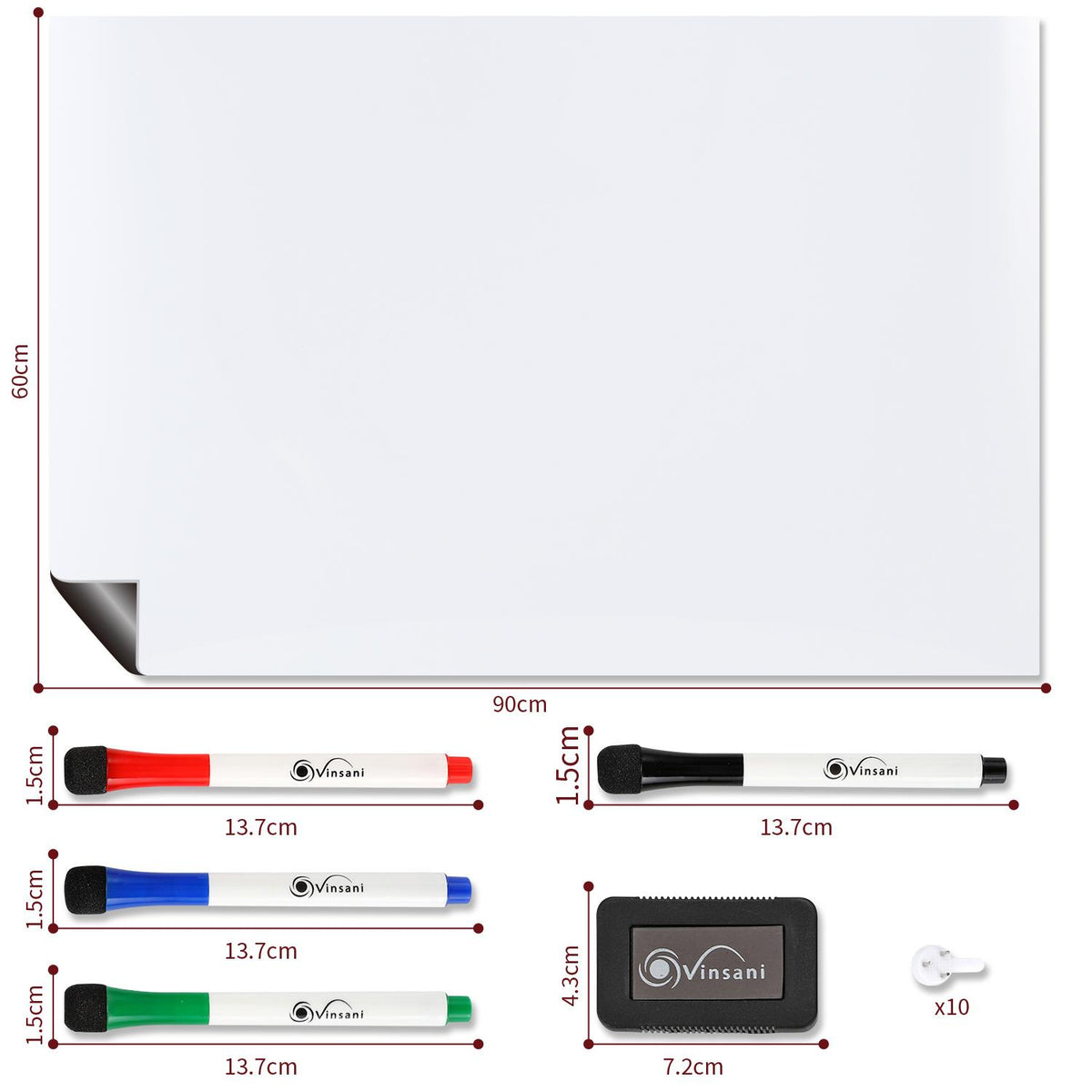 Vinsani 60 x 90 cm Magnetic Whiteboard with 4 Dry Pens and Eraser – Home and Office Planner, Organiser