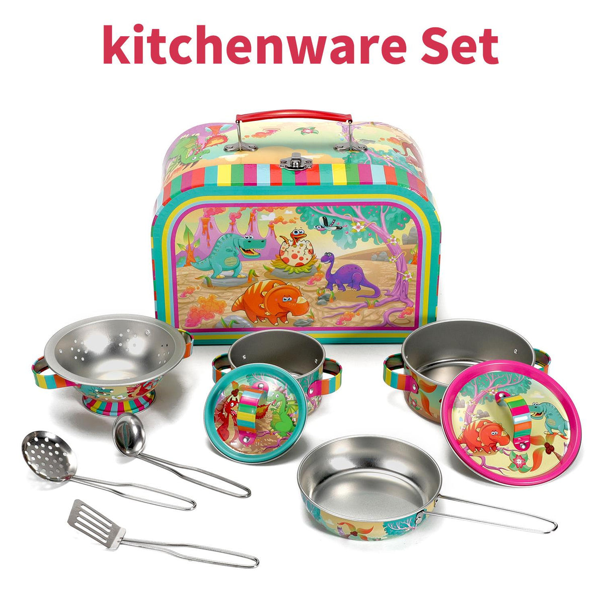 SOKA 10-Piece Kids Kitchenware Play Set with Carry Case – Dinosaur Role Play Toy Pots, Pans and Utensils