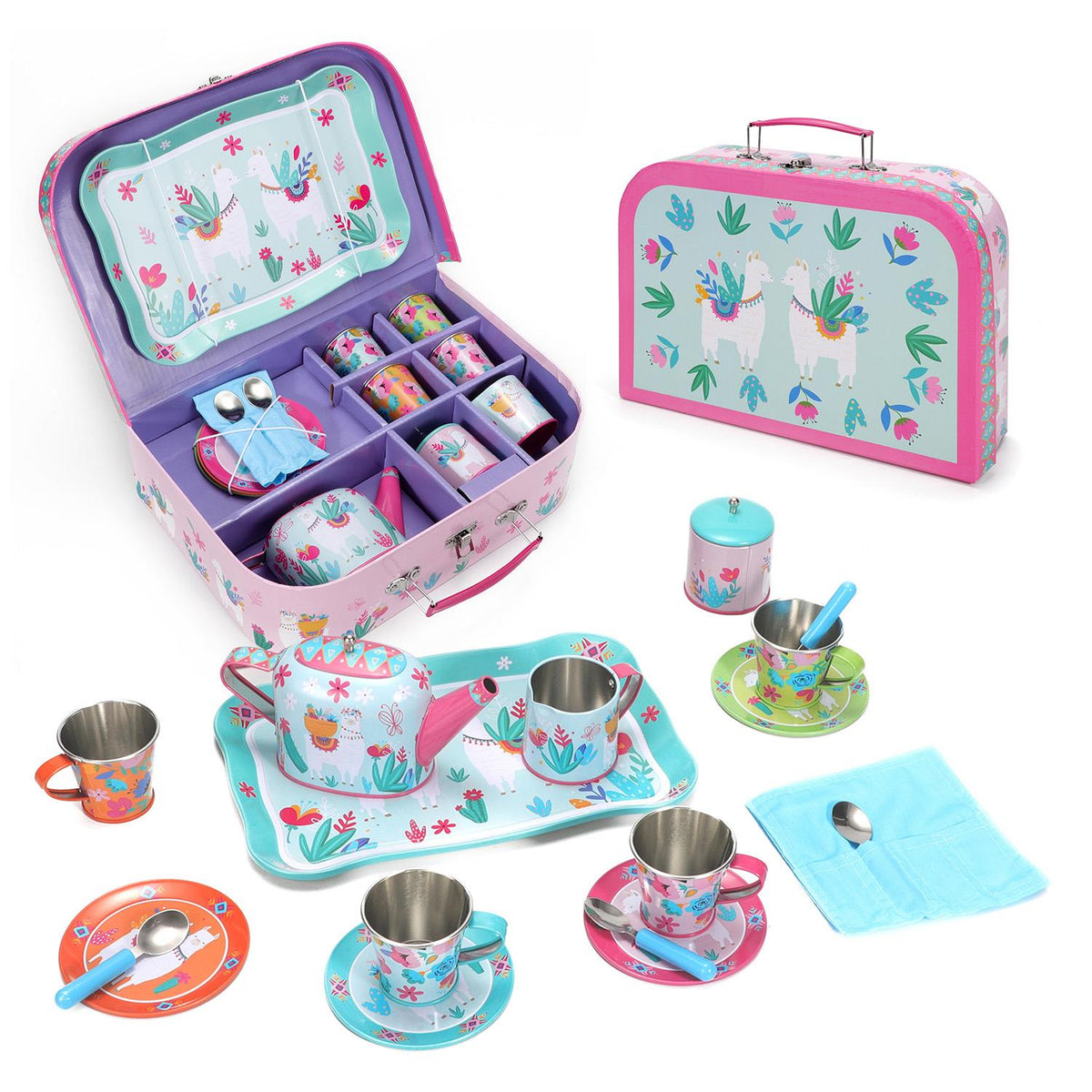 SOKA 18 Piece Tin Tea Set with Carry Case – Kids Role Play Tea Party Toy, Llama Design