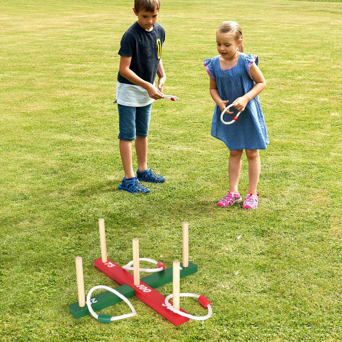 Vinsani Wooden Garden Quoits Game with Rope Rings – Outdoor Family Fun for Kids & Adults, Ages 3+